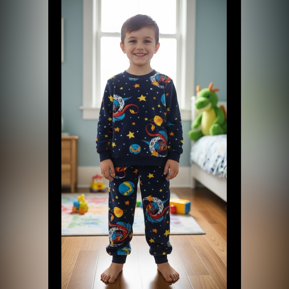 Cozy Boys’ 3T-4T Fleece Pajama Set – Space Print